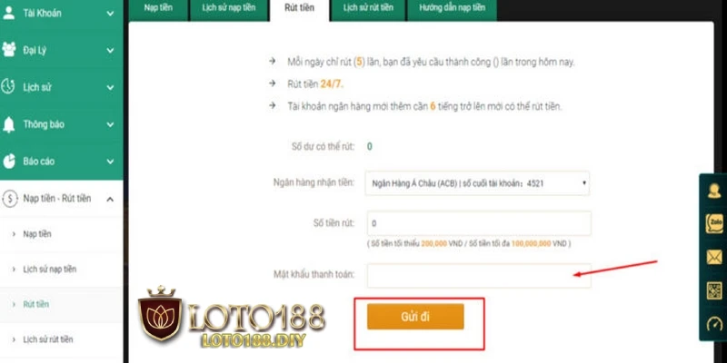 Quy trình rút tiền LOTO188 khá đơn giản tiện lợi